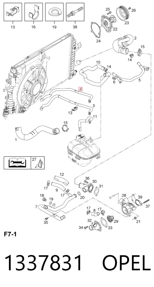Manguera superior del radiador 1337831 Opel