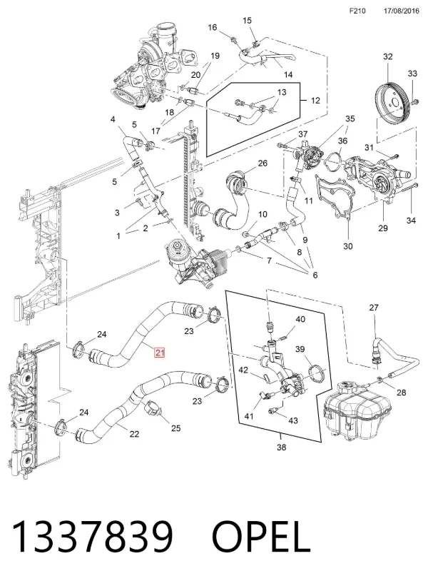 Manguera superior del radiador 1337839 Opel