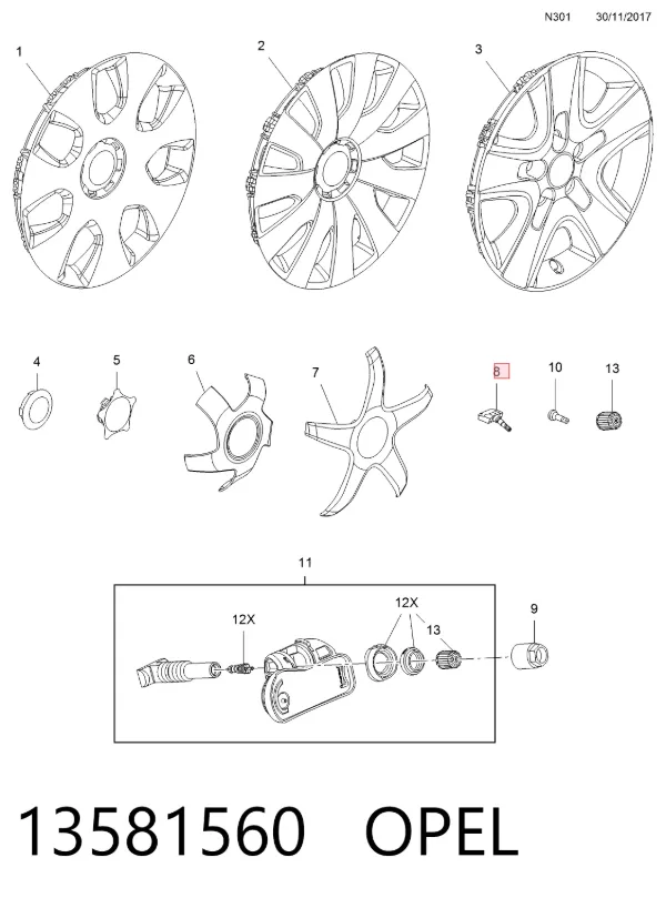 Sensor de presión de neumáticos 13581560 Opel