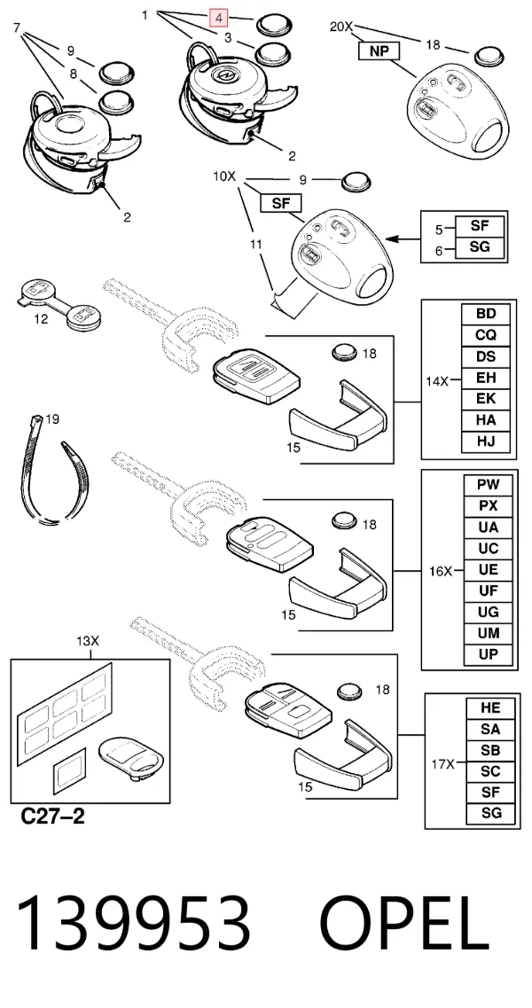 Batería de control remoto 139953 Opel