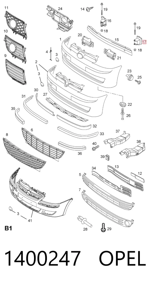 Soporte del refuerzo del parachoques delantero 1400247 Opel