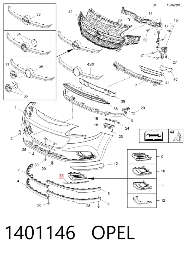 Moldura de parachoques delantera izquierda 1401146 Opel