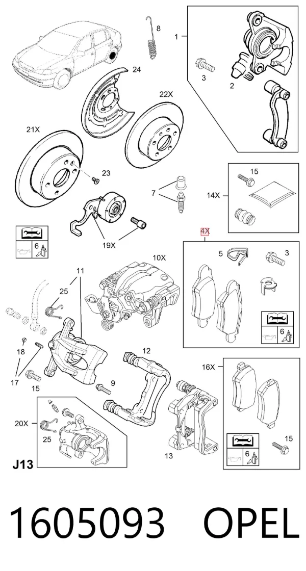 Pastillas de freno traseras 1605093 Opel