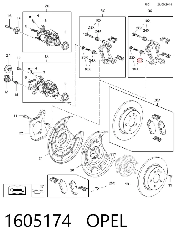 Kit de reparación de pinzas de freno trasero 1605174 Opel