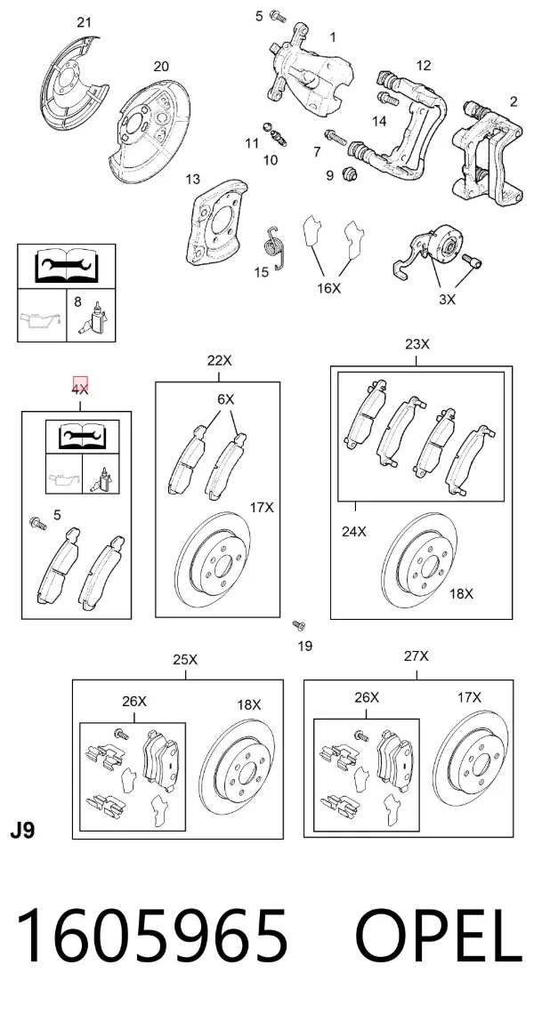 Pastillas de freno traseras 1605965 Opel