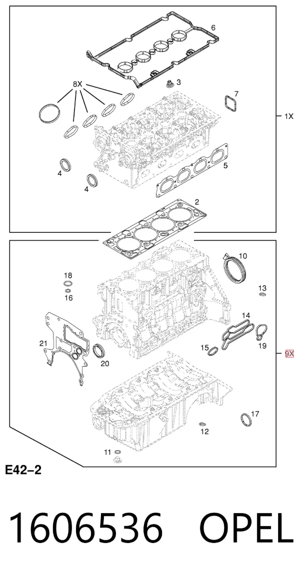 Juego de juntas inferiores del motor 1606536 Opel