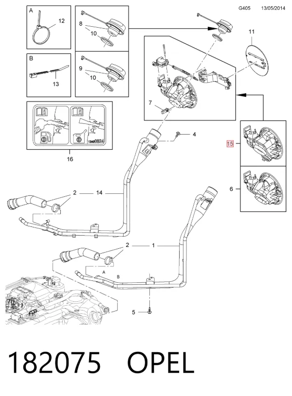 Carcasa del tubo de llenado del tanque de combustible 182075 Opel