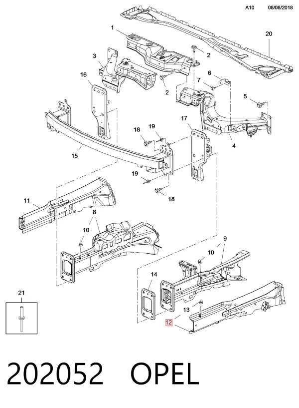 Refuerzo del larguero delantero 202052 Opel