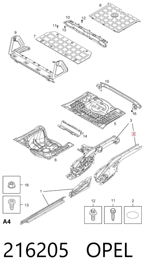Larguero trasero izquierdo del bastidor 216205 Opel