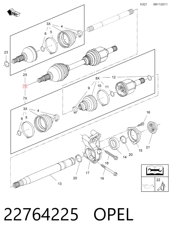 Semieje delantero izquierdo 22764225 Opel