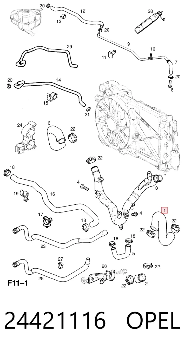 Manguera superior del radiador 24421116 Opel