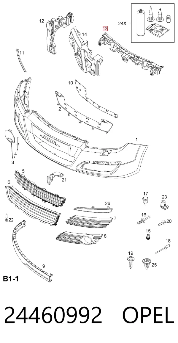 Soporte central del parachoques delantero 24460992 Opel