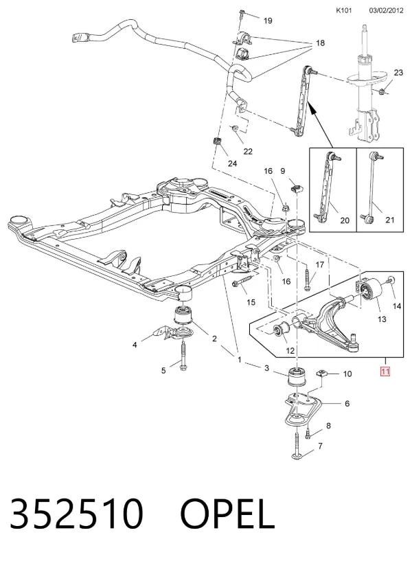 Brazo inferior derecho de la suspensión delantera 352510 Opel