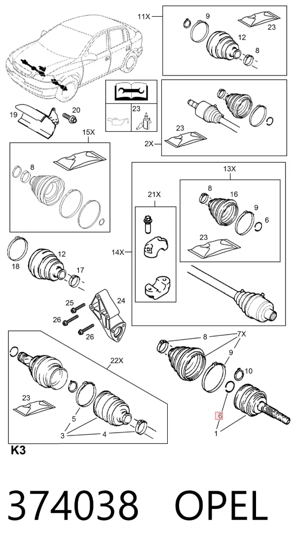 Semieje delantero derecho 374038 Opel