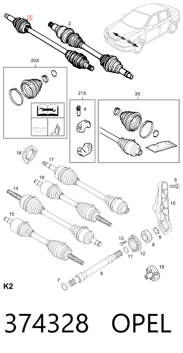 Semieje delantero derecho 374328 Opel
