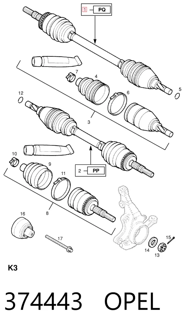 Semieje delantero derecho 374443 Opel