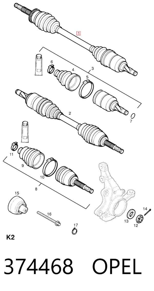 Semieje delantero derecho 374468 Opel