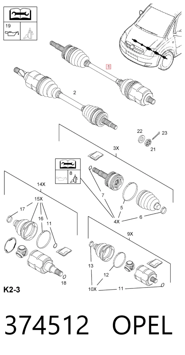 Semieje delantero derecho 374512 Opel