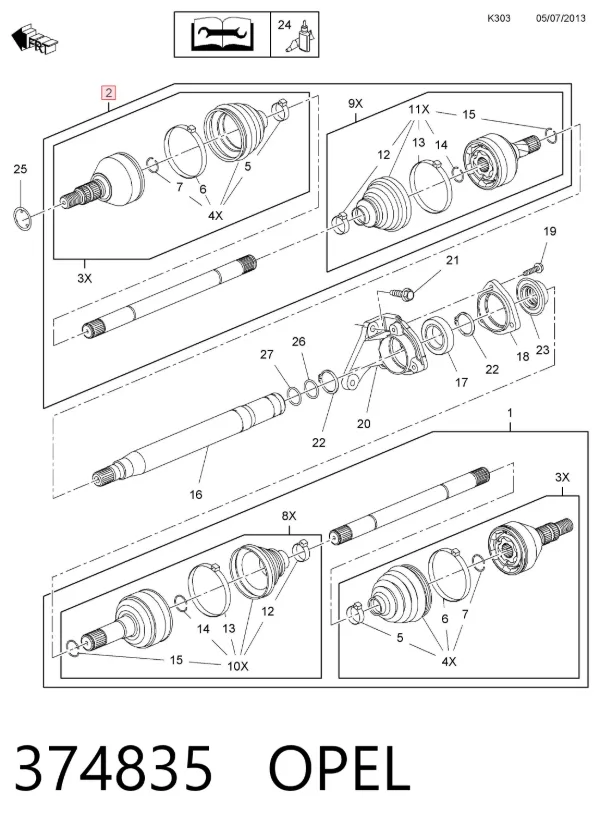 Semieje delantero izquierdo 374835 Opel