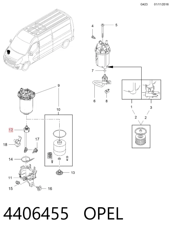 Sensor de nivel de agua del filtro de combustible 4406455 Opel