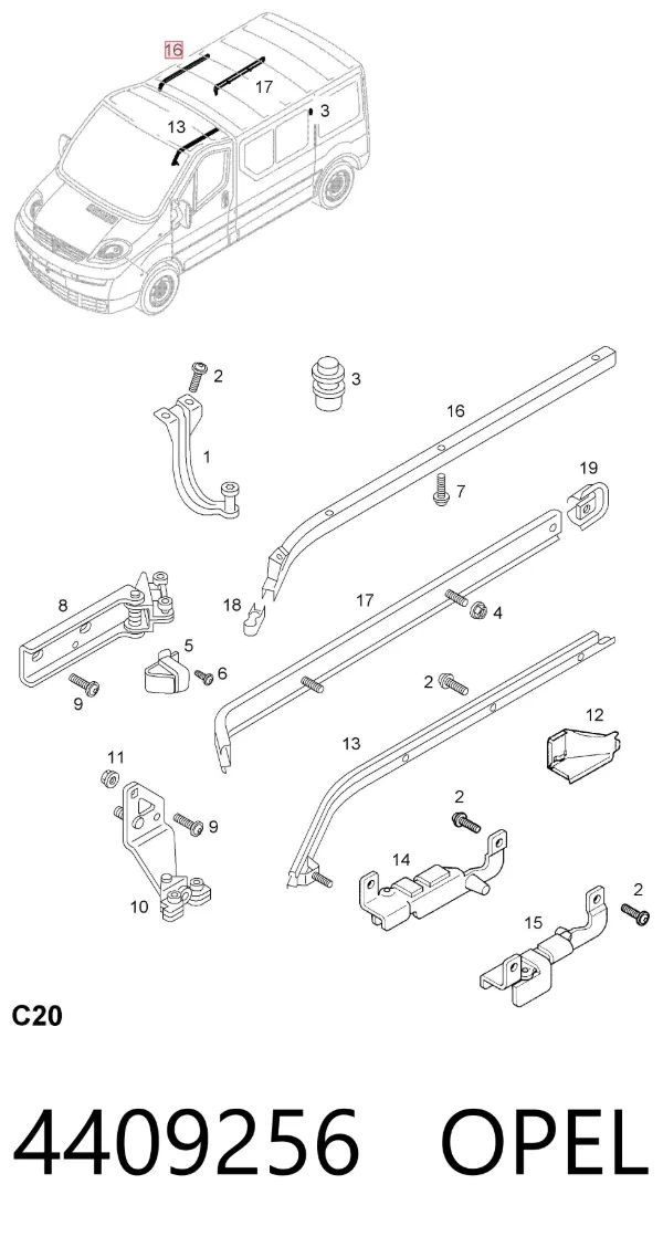 Carril guía superior derecho de puerta corrediza 4409256 Opel