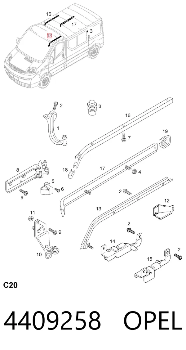 Carril guía inferior derecho de puerta corrediza 4409258 Opel