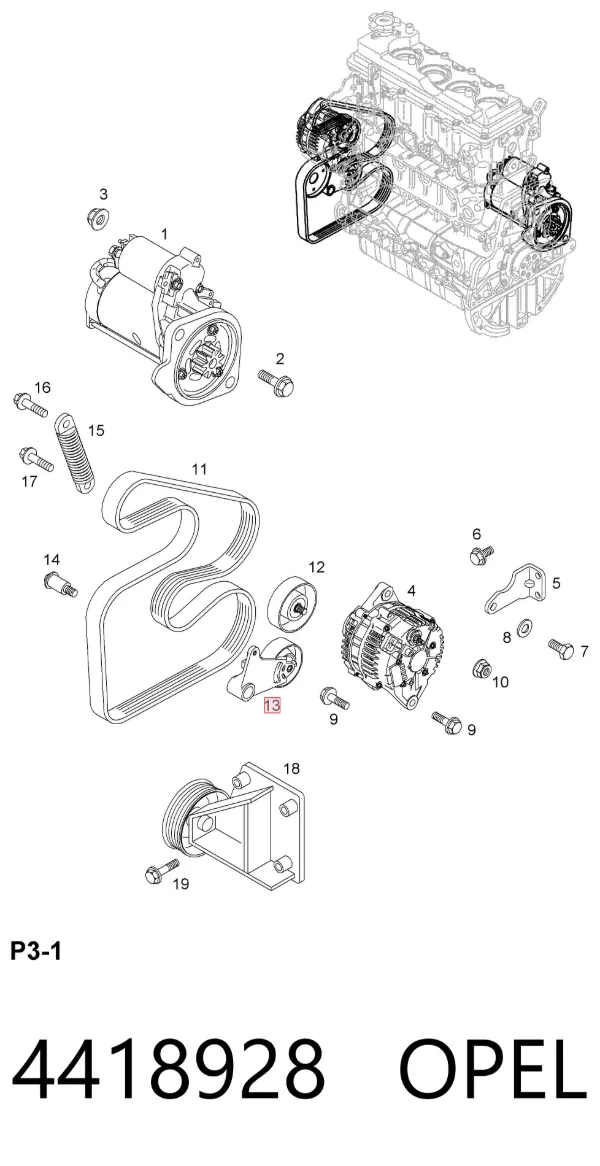 Tensor de correa poli V 4418928 Opel