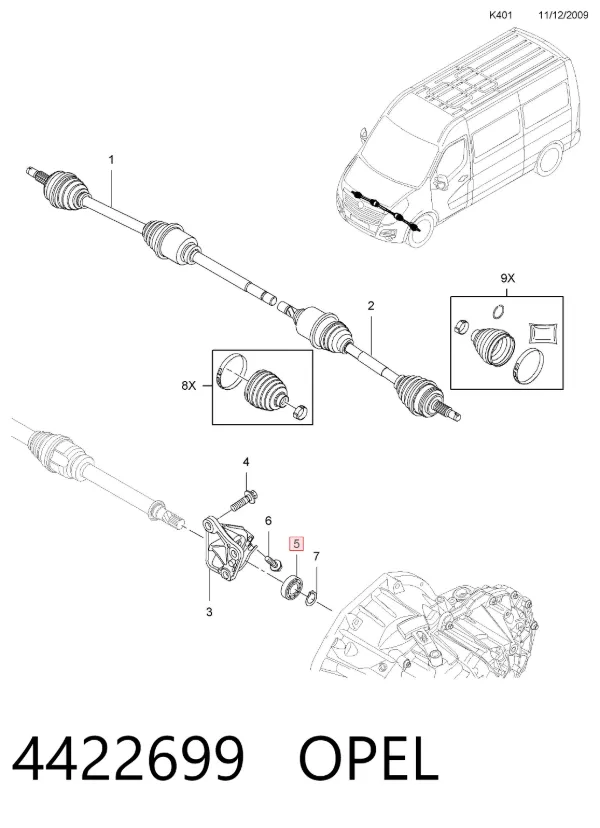 Soporte de rodamiento intermedio del semieje delantero 4422699 Opel
