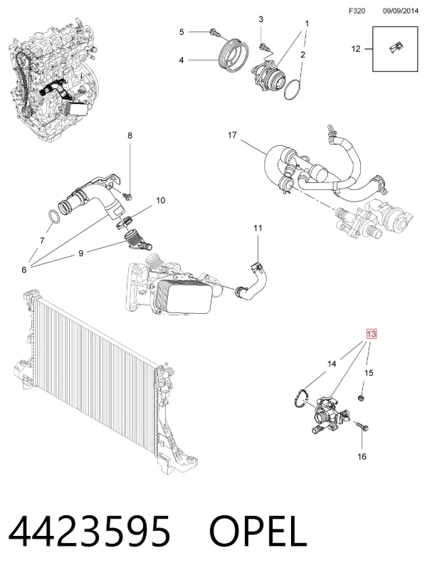 Caja de termostato 4423595 Opel
