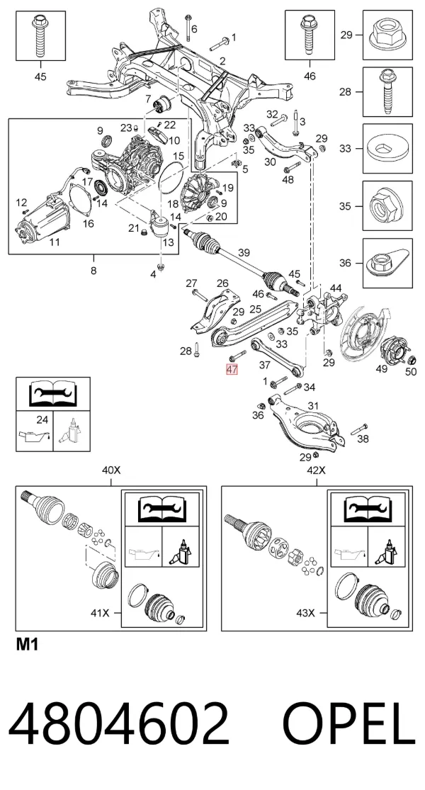 Perno interior del brazo de caída trasero 4804602 Opel