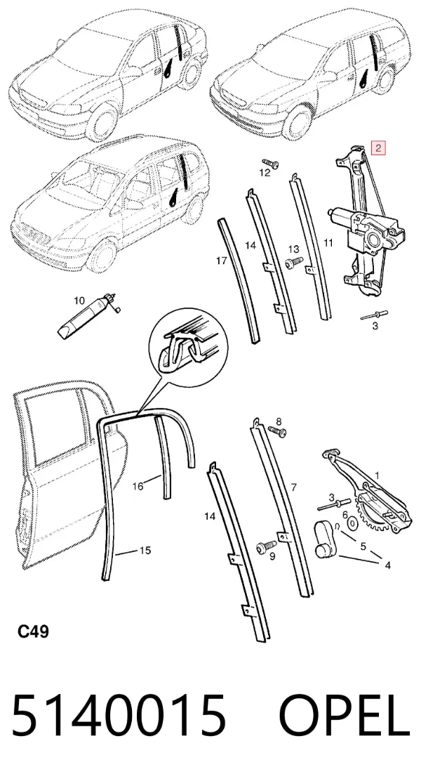 Mecanismo de elevalunas de la puerta trasera izquierda 5140015 Opel