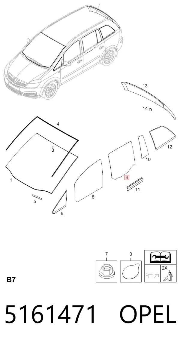 Cristal de puerta trasera izquierda 5161471 Opel