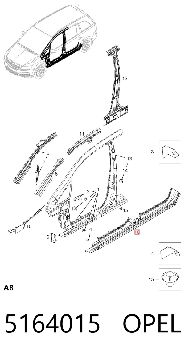 Umbral de puerta, derecha 5164015 Opel
