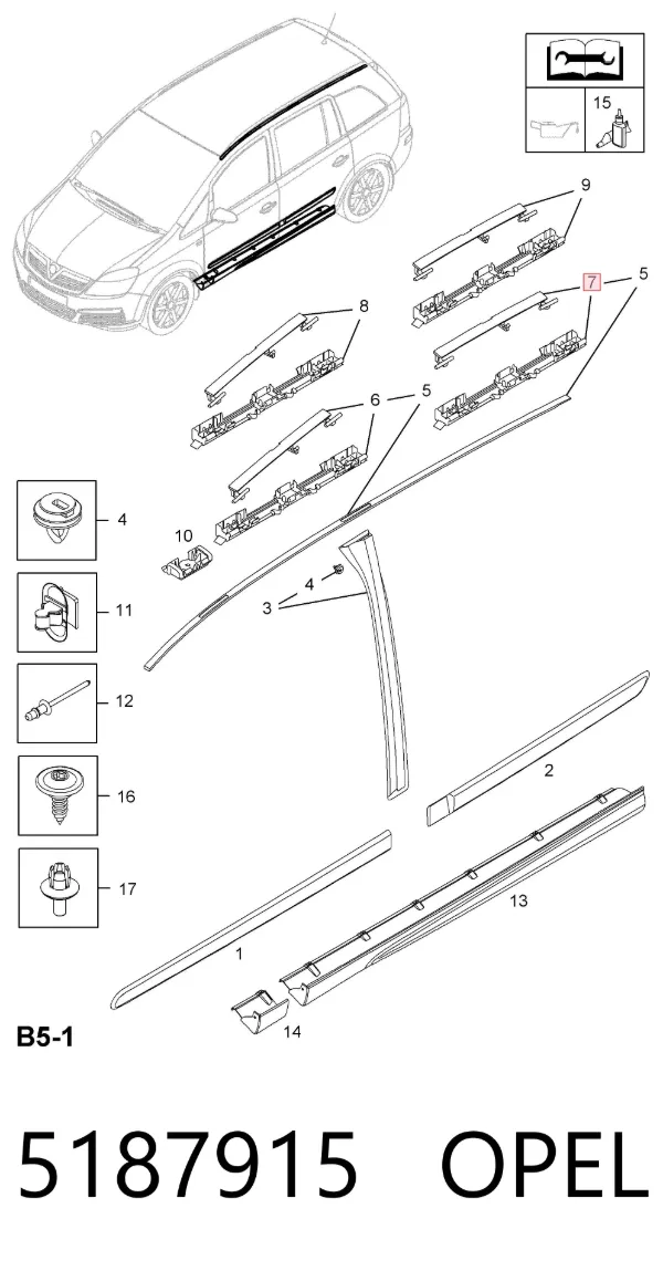 Tapa trasera de riel de techo 5187915 Opel