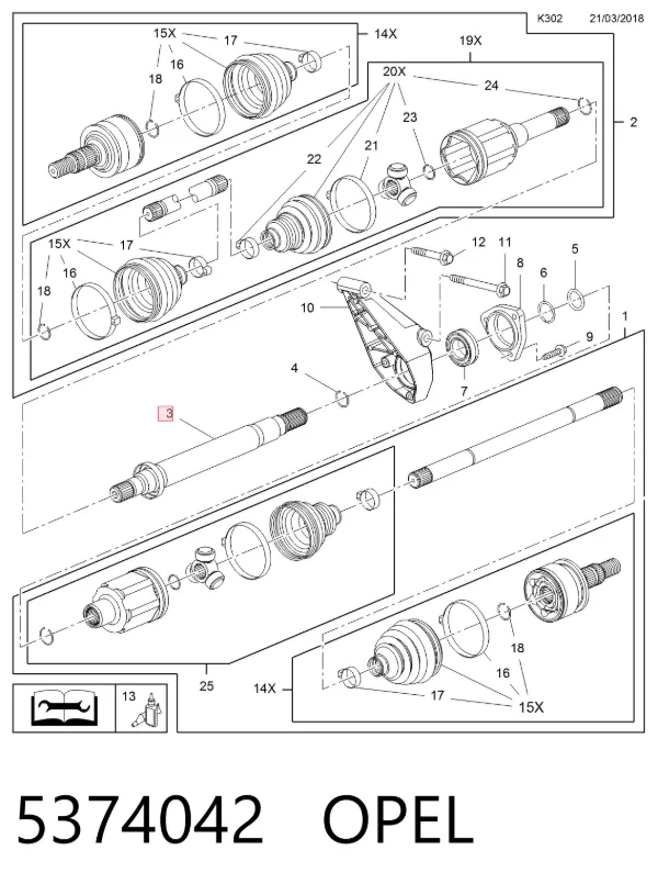 Eje intermedio de transmisión 5374042 Opel
