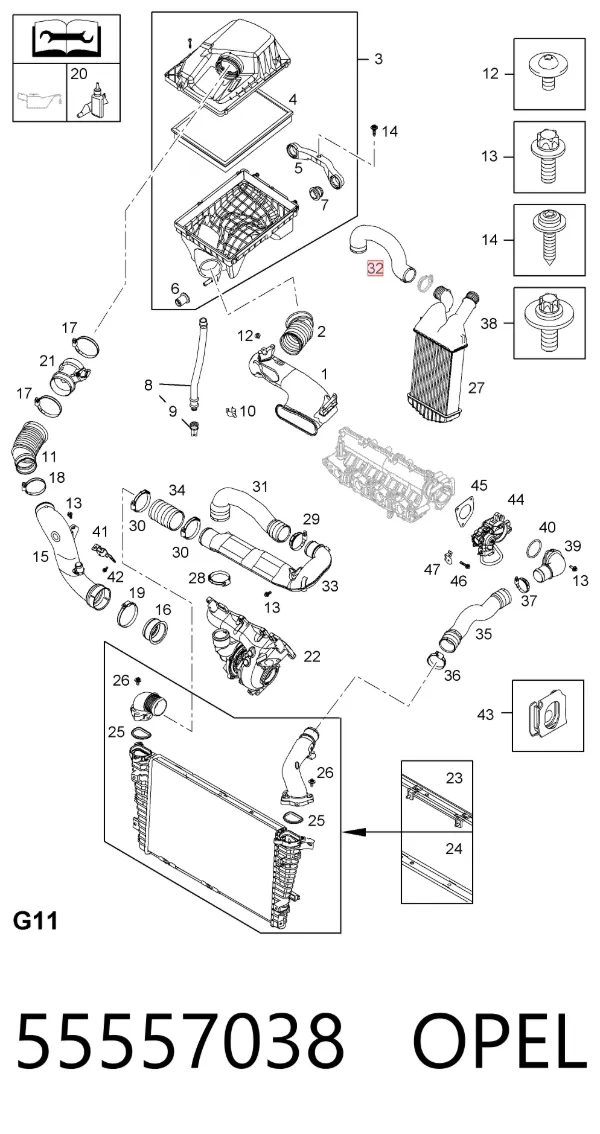 Tubo de salida de aire del turbocompresor 55557038 Opel
