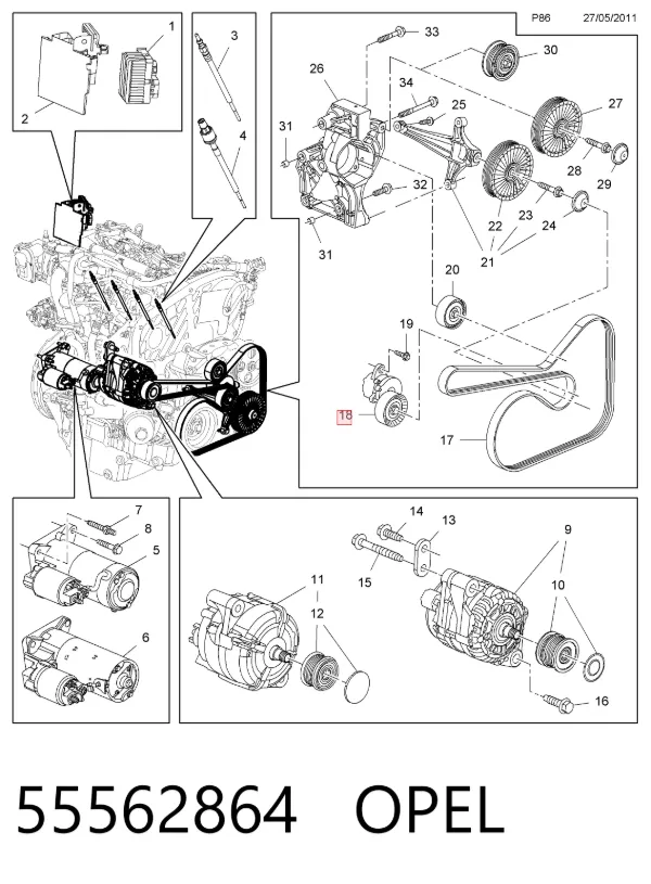 Tensor de correa poli V 55562864 Opel