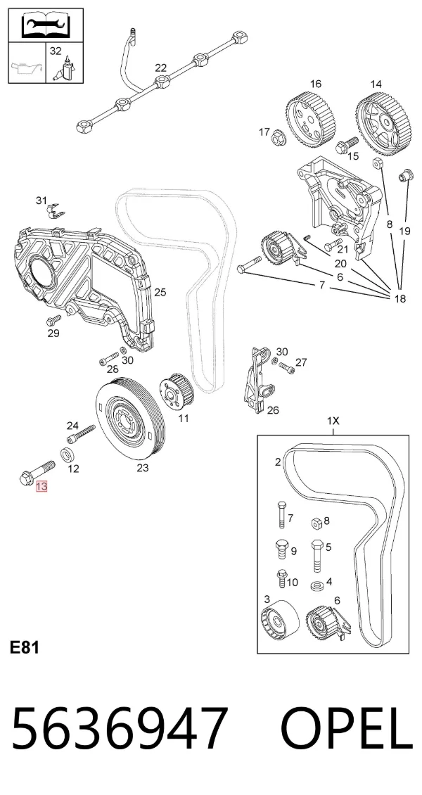 Perno de la polea del cigüeñal 5636947 Opel
