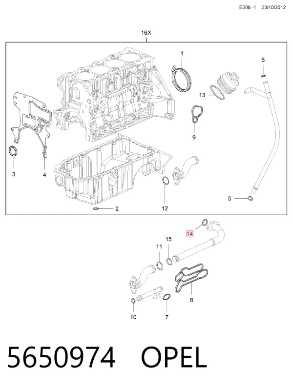 Junta superior del conducto de aceite del enfriador 5650974 Opel