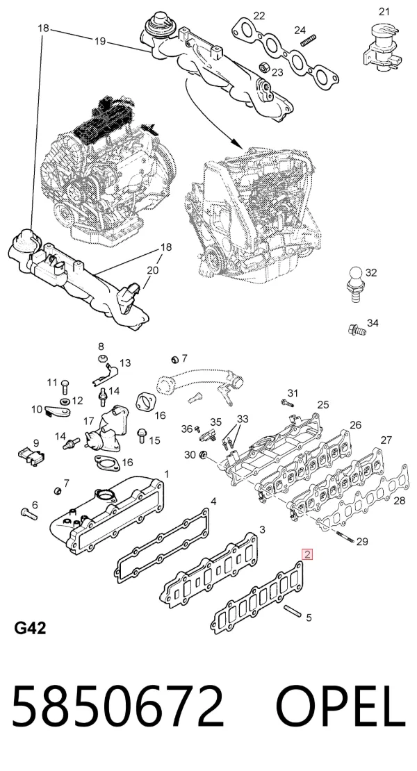 Junta del colector de admisión izquierda 5850672 Opel