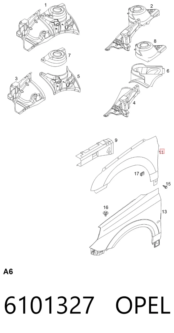 Aleta delantera izquierda 6101327 Opel