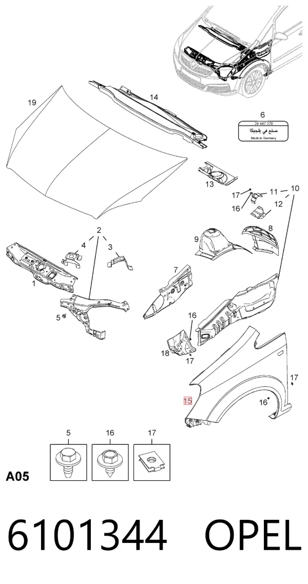 Aleta delantera izquierda 6101344 Opel