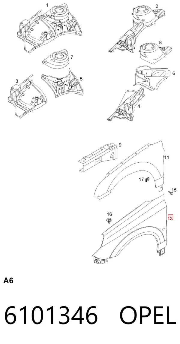 Aleta delantera izquierda 6101346 Opel