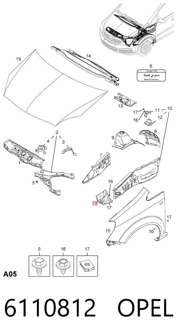 Soporte delantero de guardabarros delantero derecho 6110812 Opel