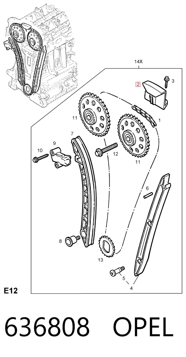 Tensor superior de cadena de distribución 636808 Opel