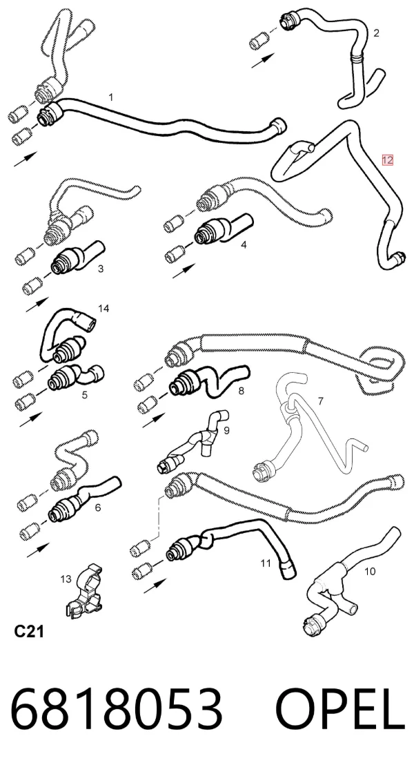 Manguera de calefacción, retorno 6818053 Opel