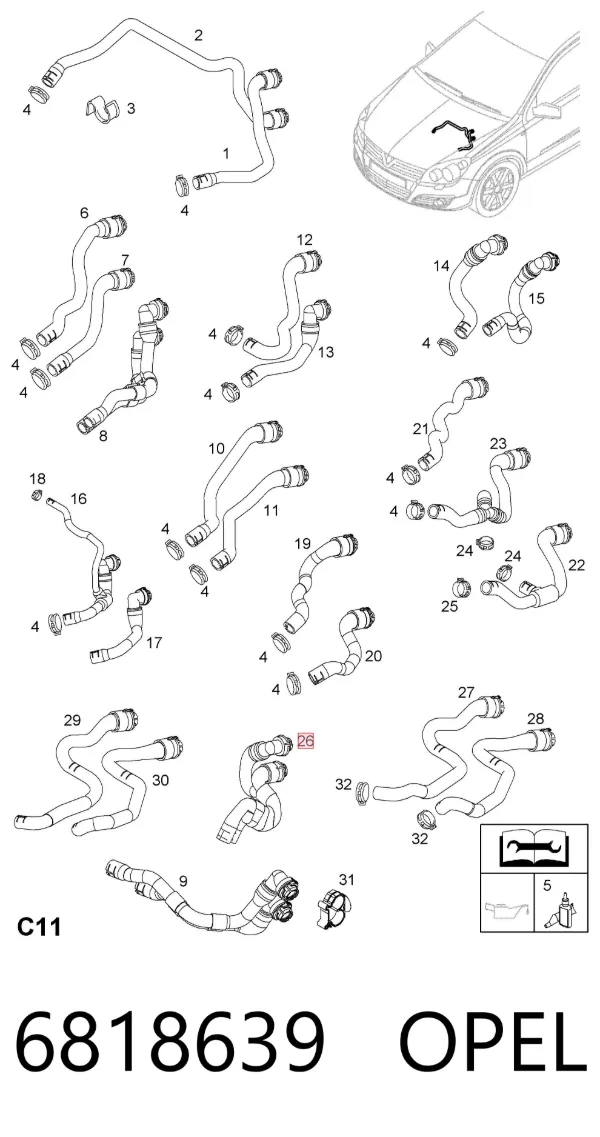 Manguera doble del radiador de la calefacción 6818639 Opel