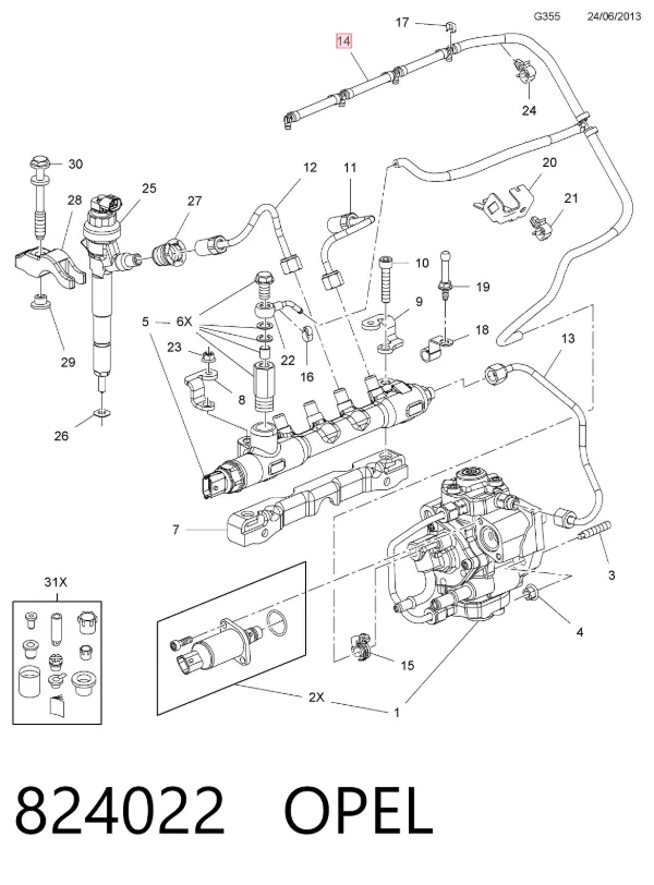 Tubería de retorno de combustible de los inyectores 824022 Opel