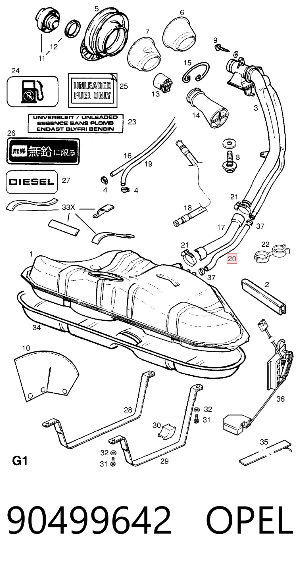 Tubo de ventilación del tanque de combustible 90499642 Opel