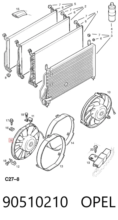 Ventilador eléctrico de aire acondicionado completo (motor y aspa) OPEL 90510210